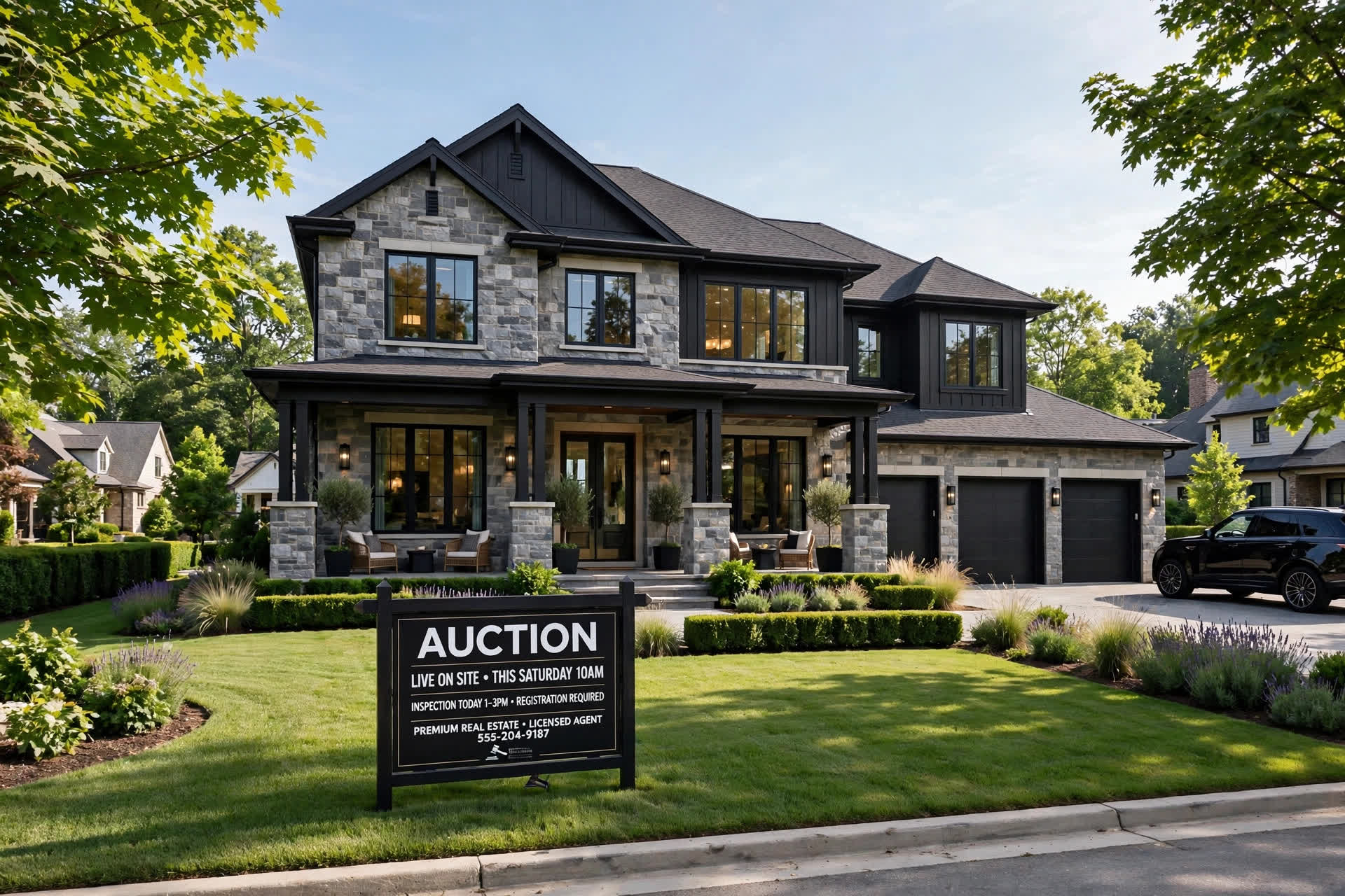 A stone-front family home with an auction sign on the front lawn
